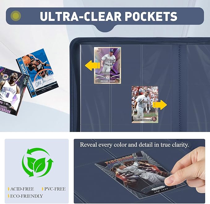 Trading Card Binder 9 Pocket - 180 Cards Capacity, Side Loading Card Album with Zipper Closure, Card Collection Holder for TCG, Game Cards, Sports Cards, Yugioh（Navy Blue）