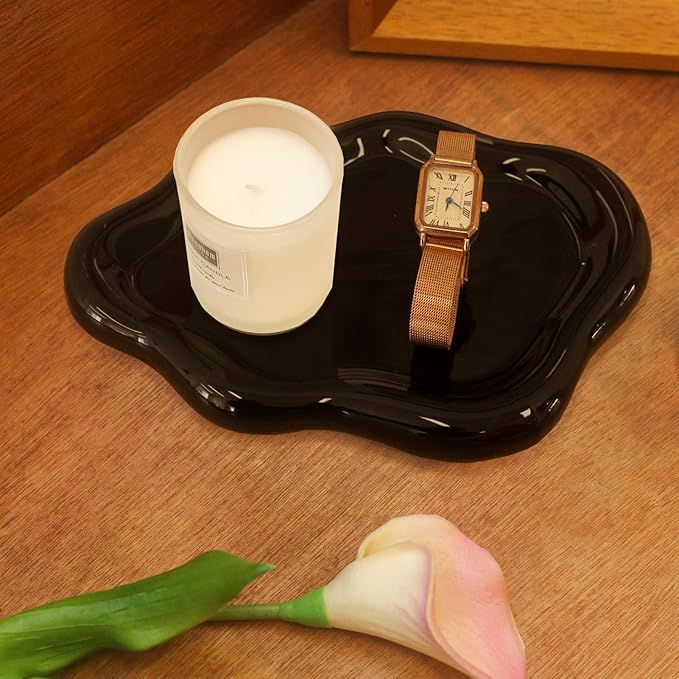 CCINPPY Ceramic Cloud Jewelry Tray Trinket Dish Key Bowl Nightstand Decor | Decorative Small Desk Tray Jewelry Plate Key Holder Bowl Cute Bedroom Room Decor Aesthetic, Gift for Women, Black Medium