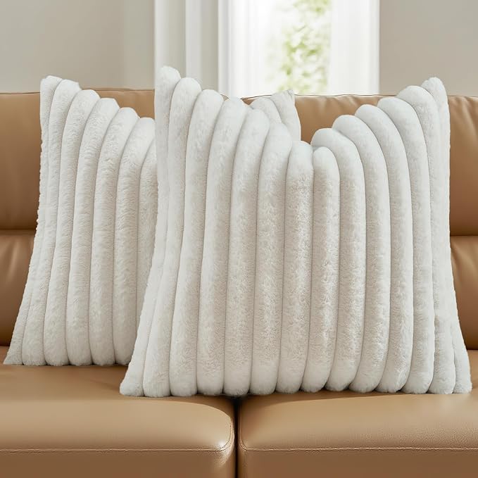 FUTEI Pack of 2 Faux Fur Throw Pillow Covers 16x16 Inch, Cream White | Fluffy Faux Rabbit Fur Front/Premium Velvet Back,Hidden Zipper,Machine Washable,Non-Shedding,Colorfast,Insert Not Included.