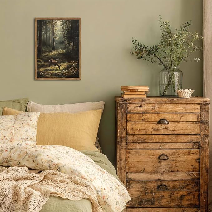 Framed Vintage Forest Deer Canvas Wall Art, Rustic Nature Landscape Paintings Wall Decor, Woodland Animal Pictures Prints Cottagecore Home Decor for Living Room Bedroom Office 8x10inch