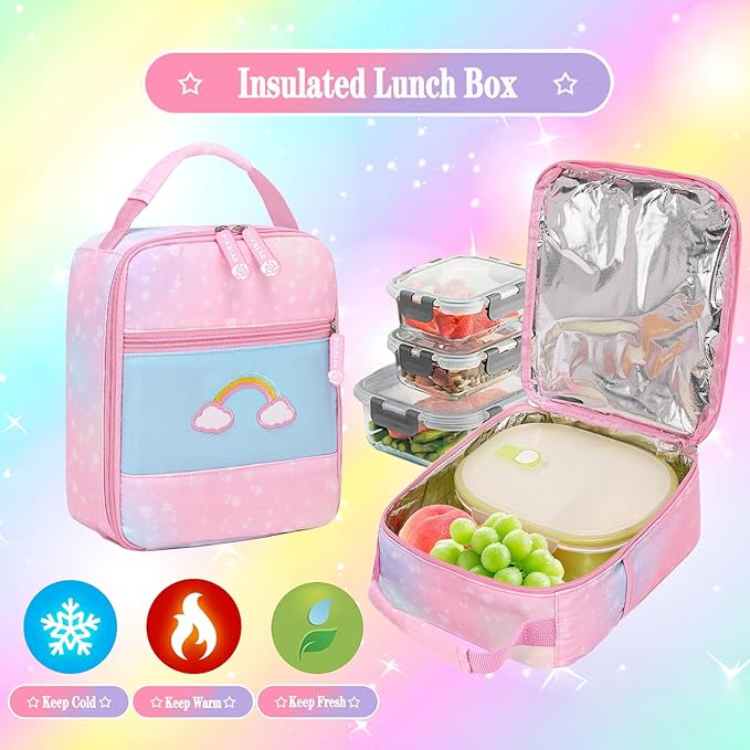 3Pcs Kids Backpack For Girls,Cute Rainbow Student School Backpack With Lunch Bag Pen Bag Set (Pink Medium 16.5in