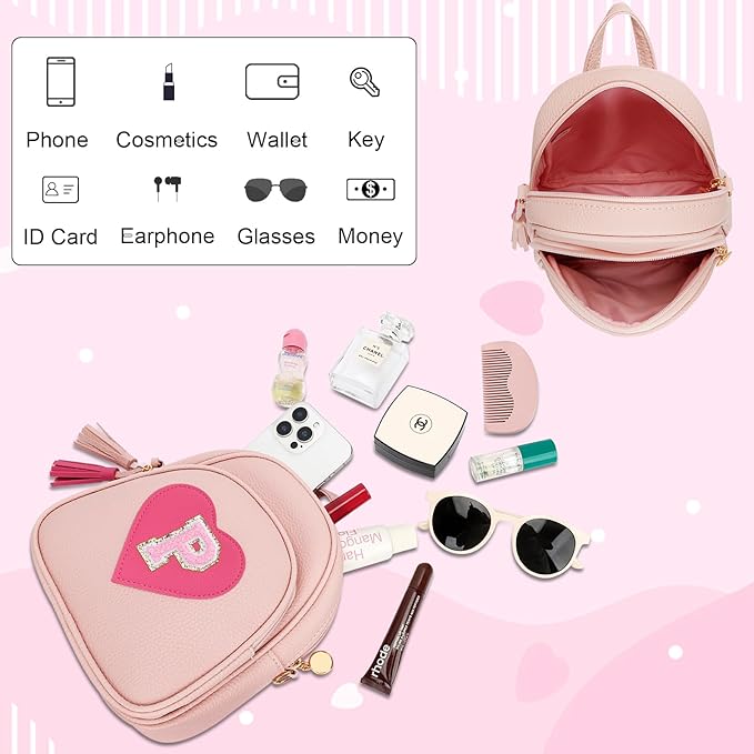 Valentines Day Gifts for Kids Gifts for Girls Little Girl Initial Mini Heart Backpack Purse Crossbody Bag with Tassel，Pink-P