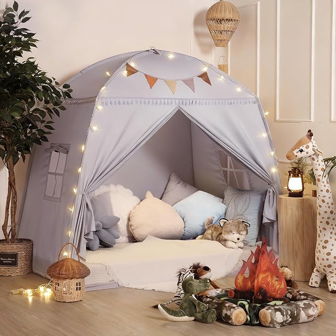 Sumbababy Large Teepee Tent for Kids: with Star Lights - Tent Indoor Kids Teepee Tent for Boys & Girls - Kids Play Tent Inside Canopy Bed for Playroom Gift Toys (Gray)