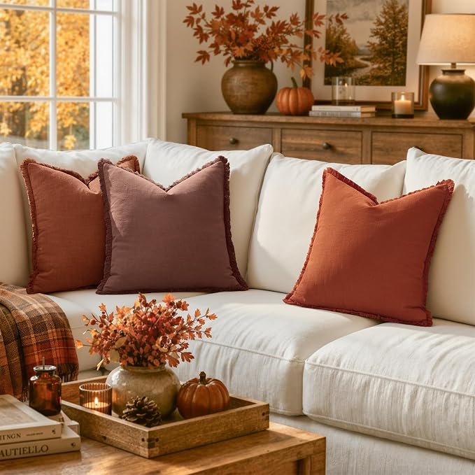 MIULEE Linen Fringe Decorative Fall Throw Pillow Covers Late Autumn 18x18 | Set of 2, Cottagecore Decor, Boho Farmhouse Neutral Pillow Covers, Rustic Fall Couch Cushion Cases for Sofa Bed Living Room
