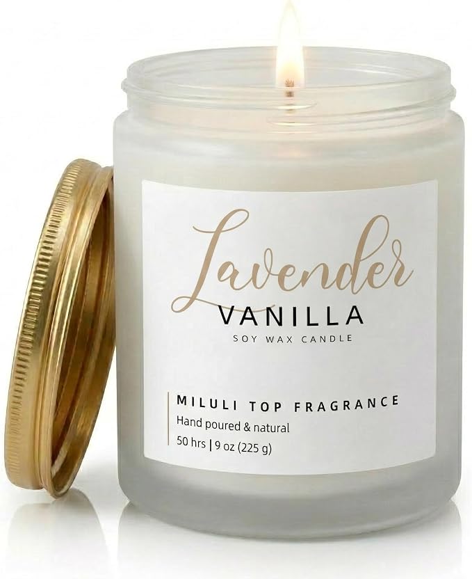 Lavender Vanilla Scented Candles for Home - 15% Essential Oil Luxury Aromatherapy - Handmade Natural Soy Wax Candle for Relaxation,Sleep- 9oz Frosted White Jar,50H Clean & Non-Toxic Burn