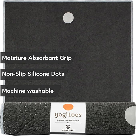 Manduka Yogitoes Hot Yoga Mat Towel - 71" | Moisture Activated Grip | Patented Silicone Nubs | Highly Absorbent, Durable & Easy Care | Made from Recycled Materials | 71 x 24 Inches | Grey