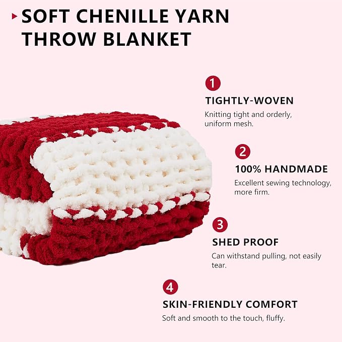 L'AGRATY Chunky Knit Throw Blanket for Couch, 60 x 80 Inches, Red White | Handmade Chenille Crochet Blanket for Sofa Bed, Thick Cable Knitted Blankets for Room Home Decor, Birthday Gift for Women Mom