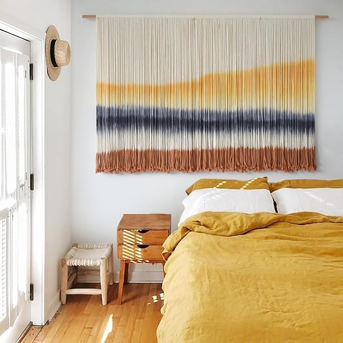 Flber Macrame Wall Hanging Extra Large Dip Dye Boho Wall Decor 57" W*35" L | Extra Large Wall Hanging, Hand Dyed Fiber Art, Gradient Color Design, for Living Room, Boho Decor, Cozy Home Accent