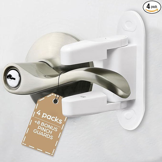 Door Lever Lock (4 Pack) Stop Toddler from Opening Doors - Easy to Open for Adults - Baby Child Toddlers Safety - No Tools Install - with 8 Bonus Pinch Guard