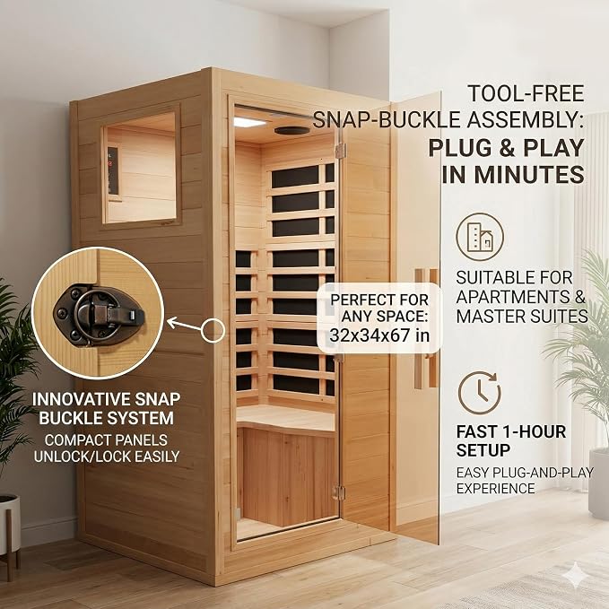 1 Person Low EMF Far Infrared Sauna, Natural Spruce Wood Compact Home Sauna, 1200W 110V, Bluetooth & Reading Light, 6mm Tempered Glass, Small Space Personal Sauna