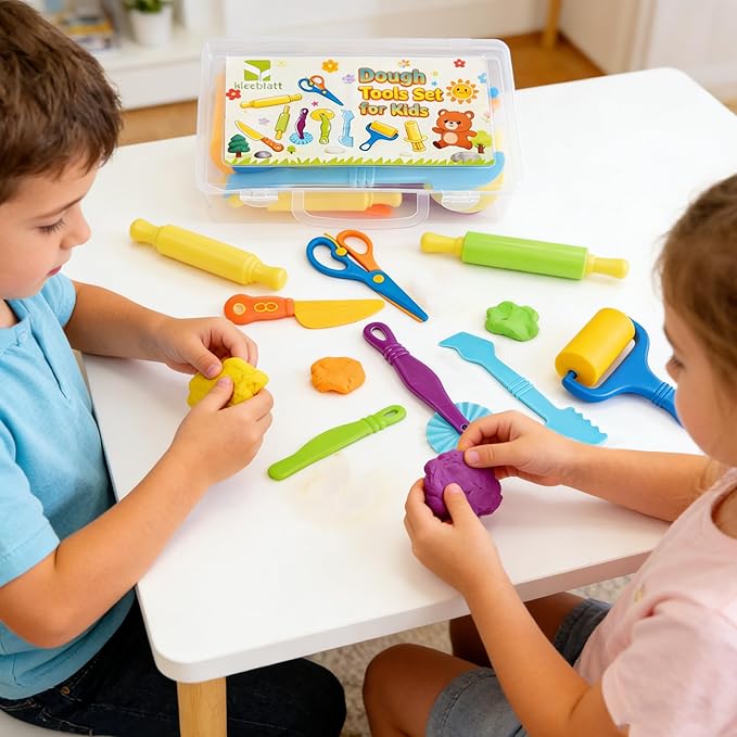 Kleeblatt Dough Tools Set for Kids - 31 Pcs Playdough Kit with 9 Basic Dough Tools,9 Double-Headed Clay Carving Tools,12 molds & Cleaning Brush, Safe for Toddlers Ages 2-8, for Clay/Plasticine/Sand