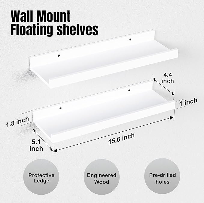 RICHER HOUSE 3-Set Floating Shelves with Lip, White Small Wall Shelf, 16In | Display Picture Ledge Shelf, Anti-drop lip Shelf for Room Wall Decor, Bedroom Bathroom Storage Nursery Books, Easy Setup,Wood
