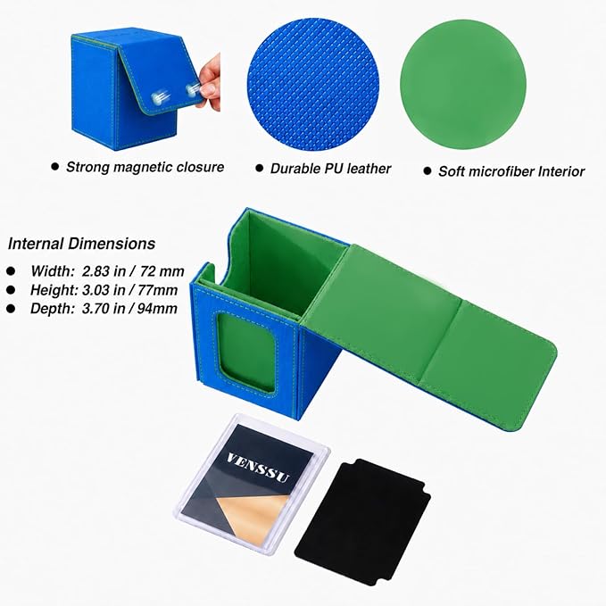 Venssu MTG Deck Box for Commander Display,Card Deck Box Fits 100 Double Sleeved Cards,TCG with 2 Dividers and 1 Toploader (Blue＆Green)