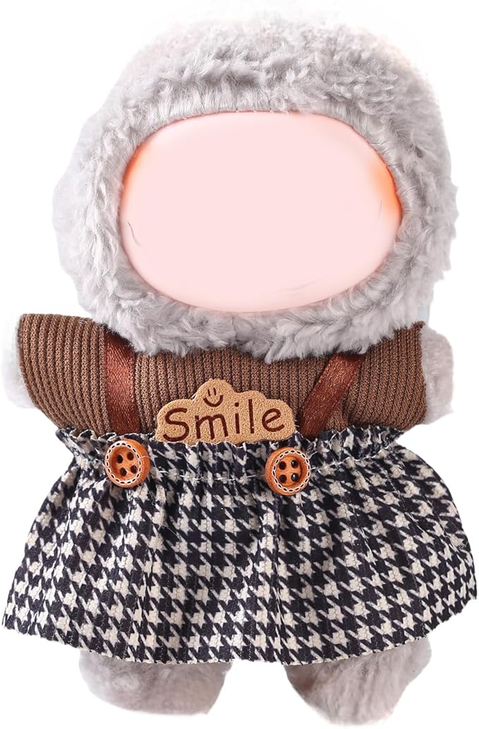 17cm Doll Clothes Set (No Doll) – Outfit with Hat & Overalls, Handmade Accessories for Mini Dolls, OB11-Compatible Dress-Up Gift (Retro Plaid Skirt)
