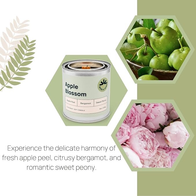 Wick & Star Vegan, Wood Wick, Natural Coconut Soy Wax Aromatherapy Candle, Clean Burning (Apple Blossom)