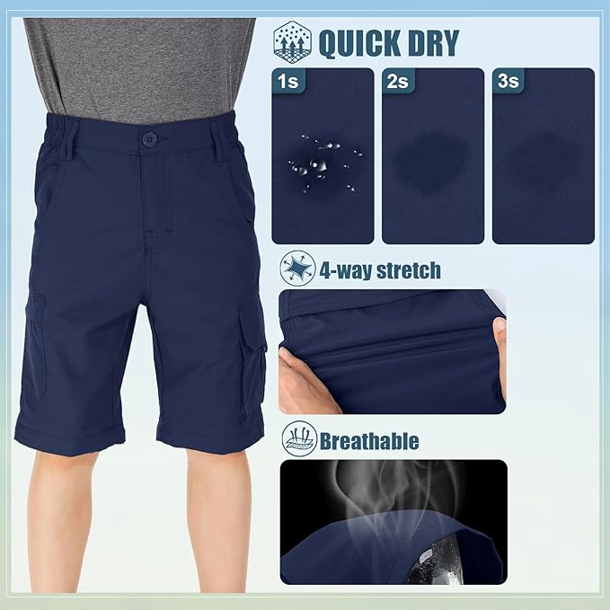 linlon Kids' Cargo Pants, Boy's Casual Outdoor Quick Dry Waterproof Hiking Climbing Convertible Trousers #9016