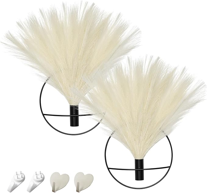 Pretty Jolly Boho Pampas Wall Decor Black Metal Wall-Mounted Art | Morden Artificial Greenery Display，2 Pack Beige Hanging Planter For Living Room, Bedroom, Bathroom, Dining room