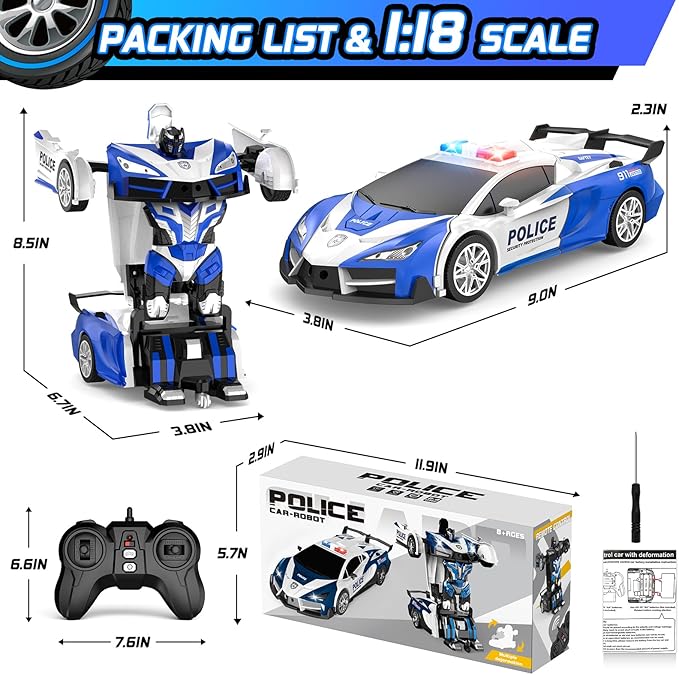 Remote Control Car for Kids , One Button Transformation to Robot with Flashing Light 2.4 Ghz Transforming Robot Car 1:18 Scale Transform RC Cars Toy Boys Girls Birthday Gift with 360 Degree Rotation