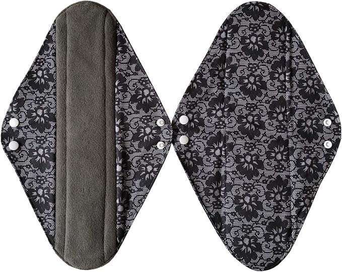 5 Pieces Charcoal Bamboo Mama Cloth/ Menstrual Pads/ Reusable Sanitary Pads (Black lace, Overnight (14 inch))