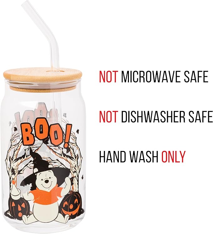 Silver Buffalo Disney Winnie the Pooh Halloween Spooky Boo Witch Hat Jack-o-Lantern Glass Jar Tumbler with Bamboo Lid and Glass Straw, 16 Ounces