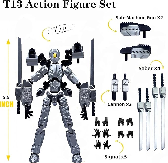 T13 Action Figure Set, 3D Printed Dummy 13, Titan 13 with 6 Arms, T 13 Multi-Jointed Movable, Lucky 13 Robot Desktop Decorations for Game Lovers Toys (Assembly Completed) (Black)