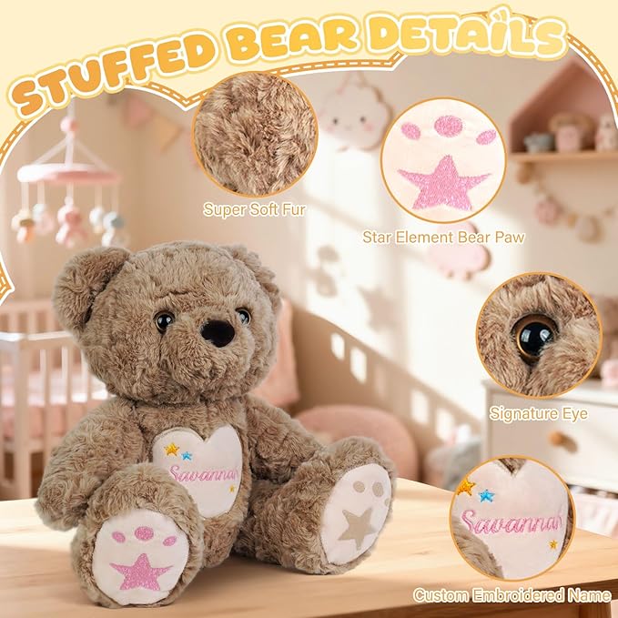 Custom Teddy Bear Stuffed Animal with Embroidered Name, Personalized Stuffed Bear for Baby, Bears Plush Toddler Adult Toys Gifts for 1+ Year Old Girls Boys Birthday Christmas for Her