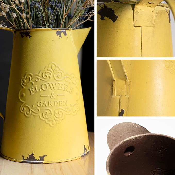 Yellow Metal Flower Vase Vintage Jug Pitcher Shabby Chic Decor Rustic Farmhouse Kitchen Decor for Home