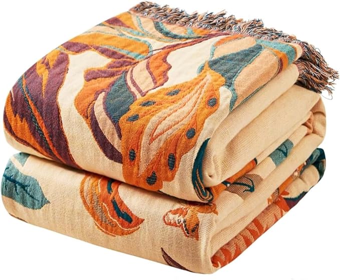Boho Throw Blanket for Bed 100% Cotton Bohemian Blankets Ultra Soft Woven Muslin Decorative Blankets All Seasons Vintage Quilt Knitted Blanket for Sofa Chair(Orange, 80"x90")