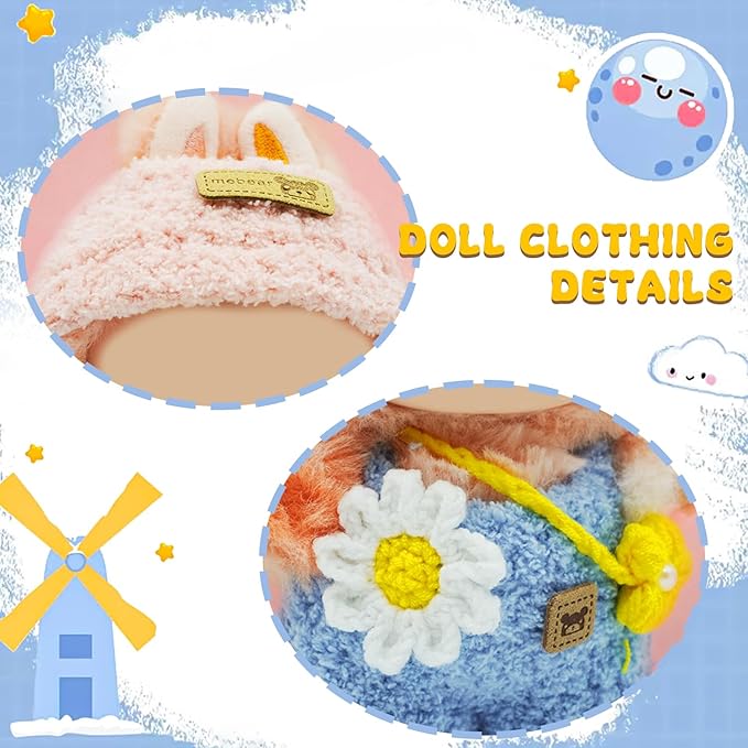 17cm Doll Clothes, 3-Piece Set with Handmade Hat, Jumpsuit & Bag, Sunflower Style Outfit for Cute Plush Doll, for Keychain Accessories(Pink and Blue)