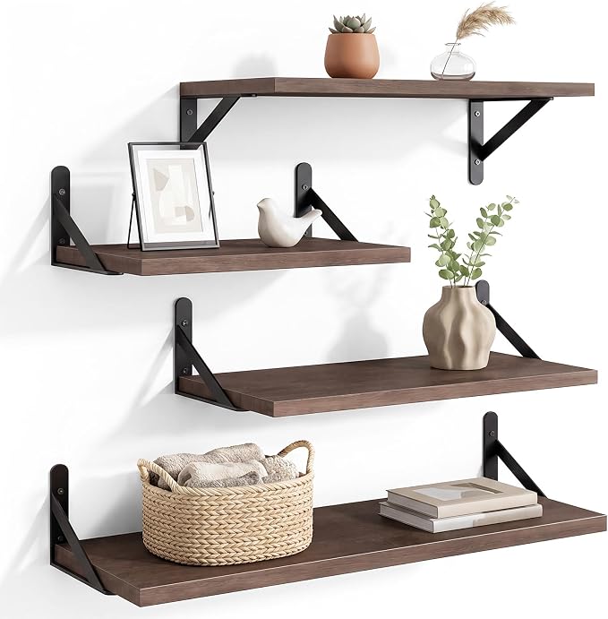 YGEOMER Floating Shelves for Wall, Different Sizes Walnut Wall Shelves for Living Room, Bathroom, Bedroom, Kitchen, Home Decor (Set of 4)