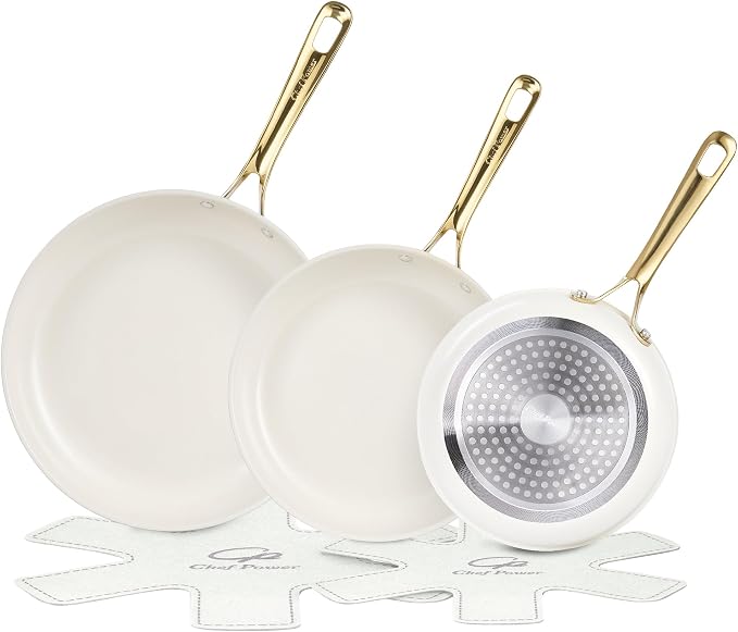 Chef Power Ceramic Frying Pan with Stainless Steel handle 5Pcs Set, Non Stick Grill Pan Set, Dishwasher and Oven Safe, Cream White and Light Gold Handle