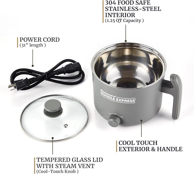 Elite Gourmet Noodle Express Electric Hot Pot, Stainless Steel, Grey | Prepares ramen, rice, soups & stews, boils water fast - glass lid - High/Low/Off settings