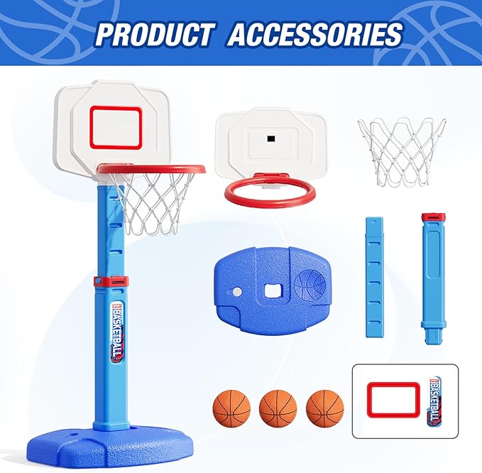 HYES Toddler Basketball Hoop, Adjustable Height Indoor Basketball Hoop for Kids 1-3, Foldable Mini Basketball Goal with 3 Balls, Outdoor Poolside Sport Toy, Birthday for Baby Boys Girls