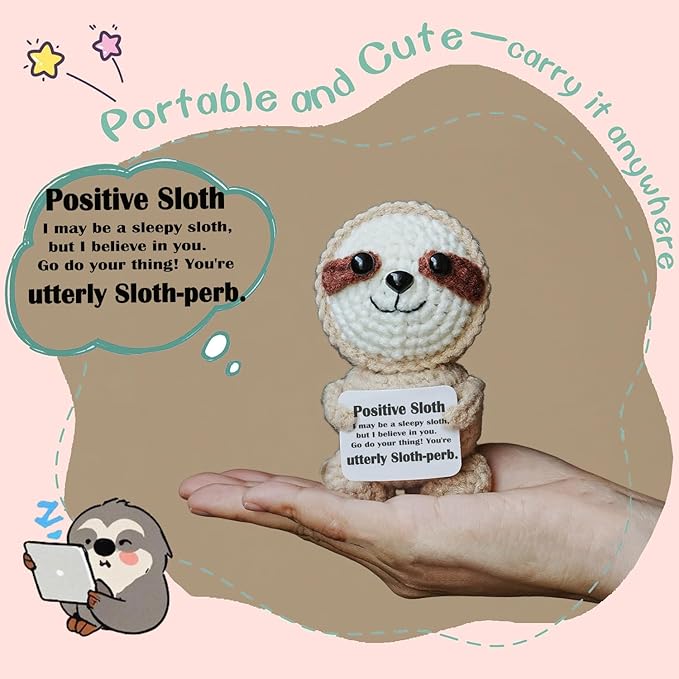 Sloth Gifts, Crochet Positive Support Sloth– Handmade Emotional Cheer Support Funny Sloth Gifts for Friend Coworker Birthday Christmas Stocking Stuffer White Elephant Under 10 Dollars