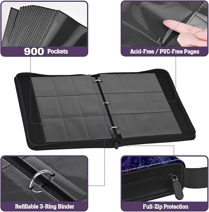 Trading Card Binder 900 Capacity, 50 Double-Sided 9-Pocket Top-Loading, 3-Ring TCG Album for 2.5 x 3.5 Cards, Acid Free PVC Free, Water-Resistant PU with Wrist Strap - Nebula Dragon Design