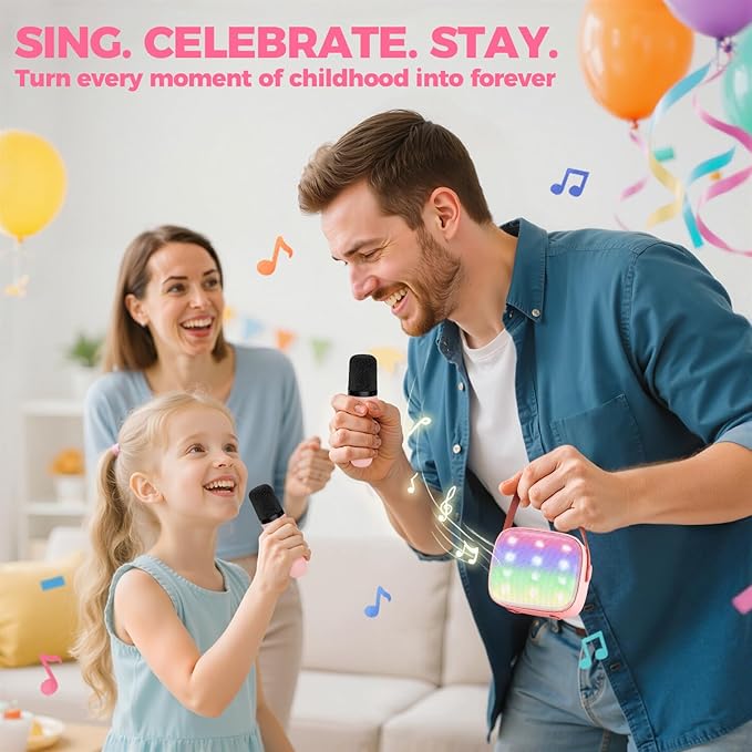 Karaoke Machine for Kids Adults, Bluetooth Mini Speaker with 2 Wireless Microphones, 2026 TOP Birthday Gifts Toys for Girls Ages 3, 4, 5, 6, 7, 8, 9, 10, 12+ Years Old Toddler Family (Lightpink)