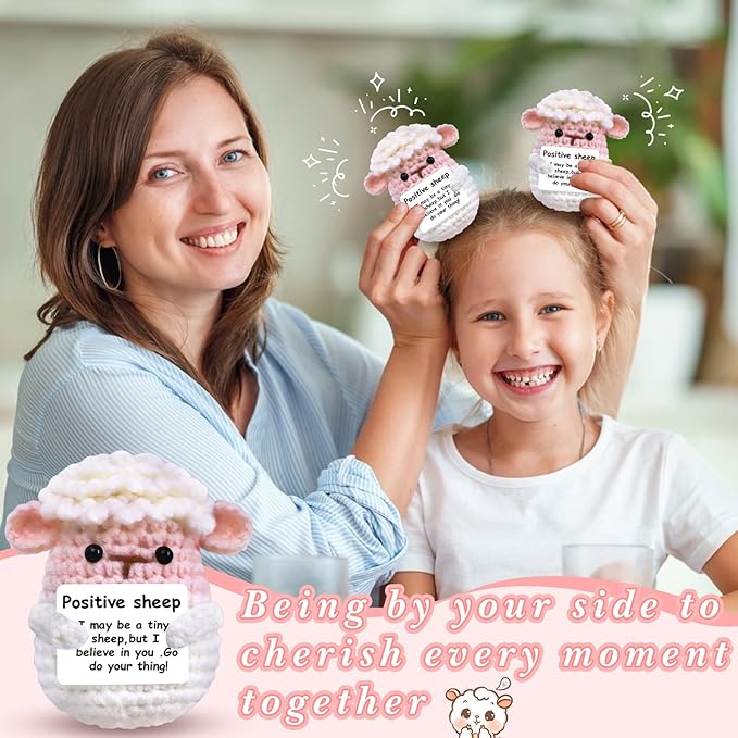PARTY TONIGHT Positive Crochet Sheep with Affirmations Cards Sheep Gifts,Mini Knitted Positive Crochet Animals Lamb Emotional Support Crochet Sheep for Motivational Gift Sheep Decor