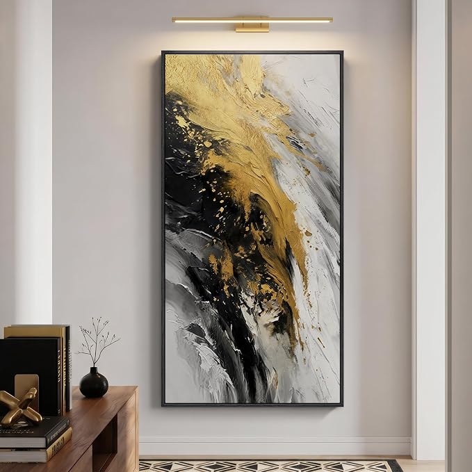 Large Framed Black and White Gold Abstract Wall Art, Modern Vertical Canvas Prints Paintings Artwork for Walls, Contemporary Pictures Wall Decor for Hallway Living Room Dining Room Entryway, 30x60 In