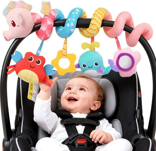 Car Seat Toys for Baby Toys 0-6 Months, Hanging Crib Stroller Toys with Rattle, Mirror, Crinkle, Squeaky Spiral Baby Activity Carseat Sensory Toys for Newborn Infants Girls Birthday Gifts