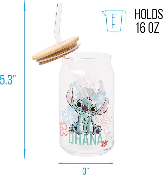 Silver Buffalo Disney Lilo and Stitch Ohana Floral Glass Jar Tumbler with Bamboo Lid and Glass Straw, 16 Ounces (Pack of 12)
