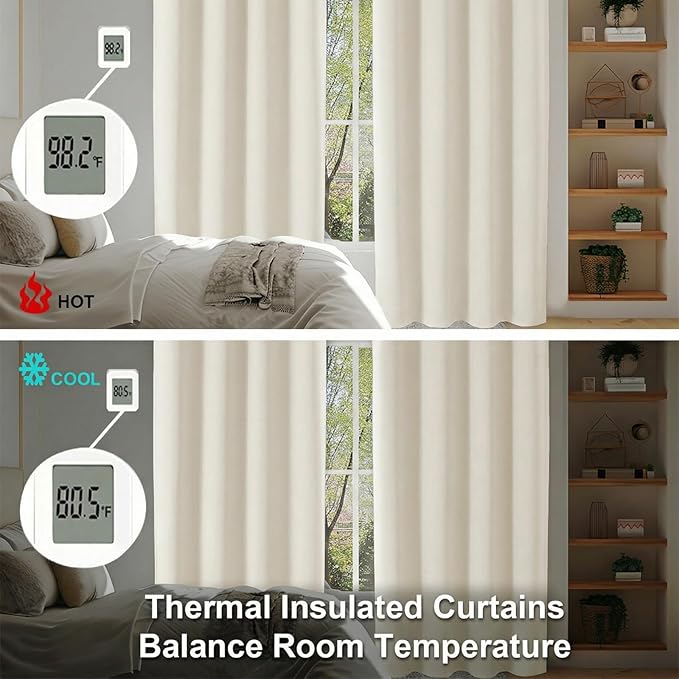 Simplebrand Ava Light Beige Short Light Filtering Curtains for Bedroom 45 Inches Long 2 Panels Set, Solid Thermal Insulated, Energy Saving Window Treatment Curtains Light Filtering, W40 x L45 Inch