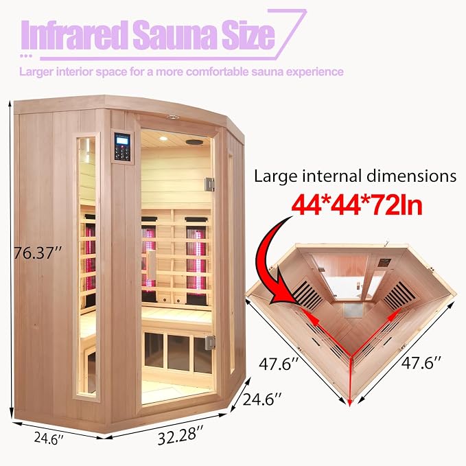 Ceramic Infrared Sauna, 2-3 Person Home Sauna, Canadian Hemlock Indoor Corner Sauna Spa, Wooden Sauna Room, 5 Low EMF Heaters + 4 Ceramic Tubes, Bluetooth Speakers, Chromotherapy Lights