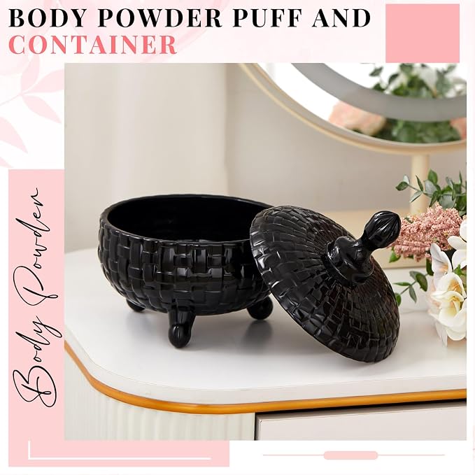 Tioncy 2 Pcs Extra Large Dusting Powder Puff and Container for Women-6'' Glass Crystal Dusting Powder Container with Body Soft Washable Reusable Velour Face(Black,Weave Design)