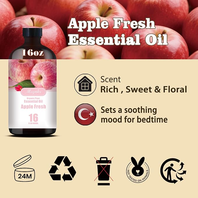 Apple Essential Oil, Apple Oil for Diffuser, Humidifier, DIY Candle, Soap, Fresh Scent, Home, Cleaning, Gift Ready,Apple Fragrance Oil - MLYNKL Essential Oils (16.33 fl oz / 490ml)