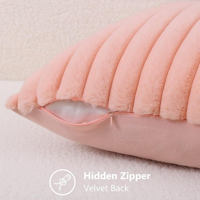 decorUhome Fall Faux Fur Throw Pillow Covers 22x22 Set of 2 Blush Pink | Decorative Soft Cozy Striped Plush Modern Farmhouse Boho Couch Pillow Cases Velvet Back for Sofa Bed Living Room Home Decor