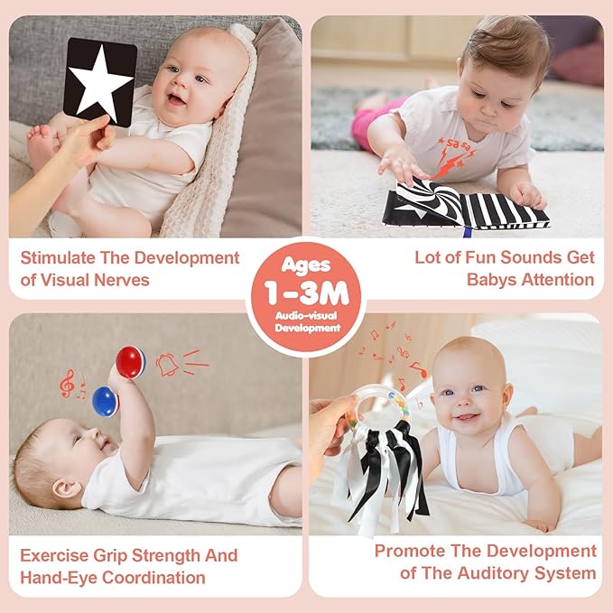 URMYWO 10 Pcs High Contrast Black and White Baby Toys for Newborn, Tummy Time Mirror, Rattle, Teether, Visual Stimulation Learning Cards, Sensory Toys for 0-6 Months, Baby Boy Girl Valentines Gifts