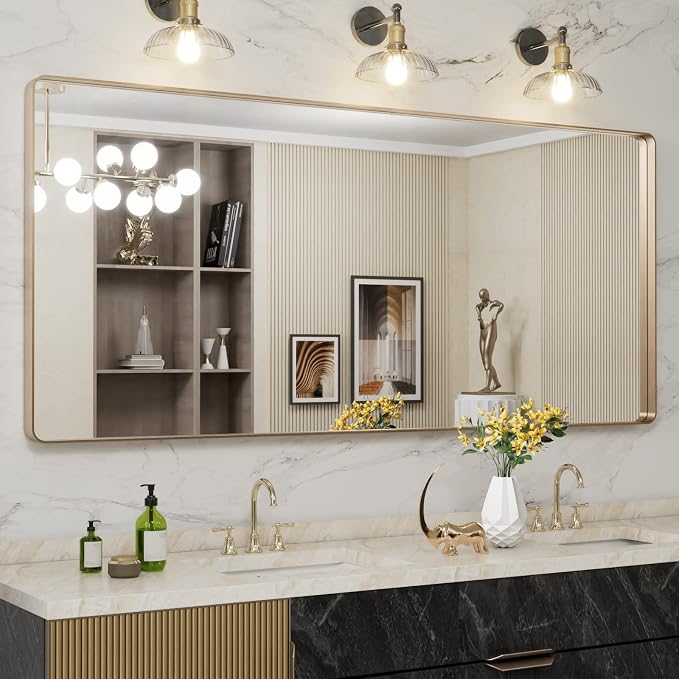 LOAAO 72"X32" Gold Bathroom Mirror | Rounded Rectangle, Brushed Gold Frame, Wall-Mounted, Anti-Rust, Tempered Glass, Hangs Horizontally or Vertically
