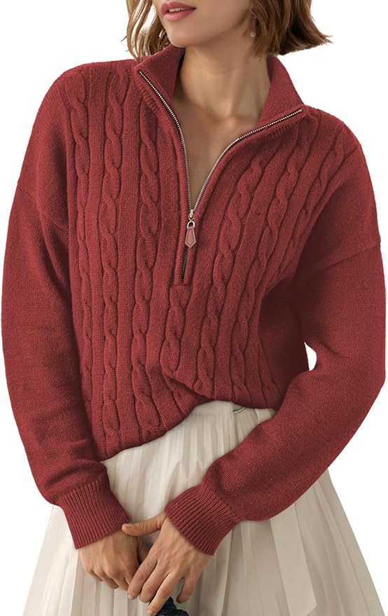 Dokotoo Women's Sweaters 2026 Fall Winter Quarter Zip Ribbed Cable Knit | Long Sleeve,Polo Neck,Lightweight Knit Pullover,Soft Comfy Tops,Casual Trendy Outfits,Fashion Clothing
