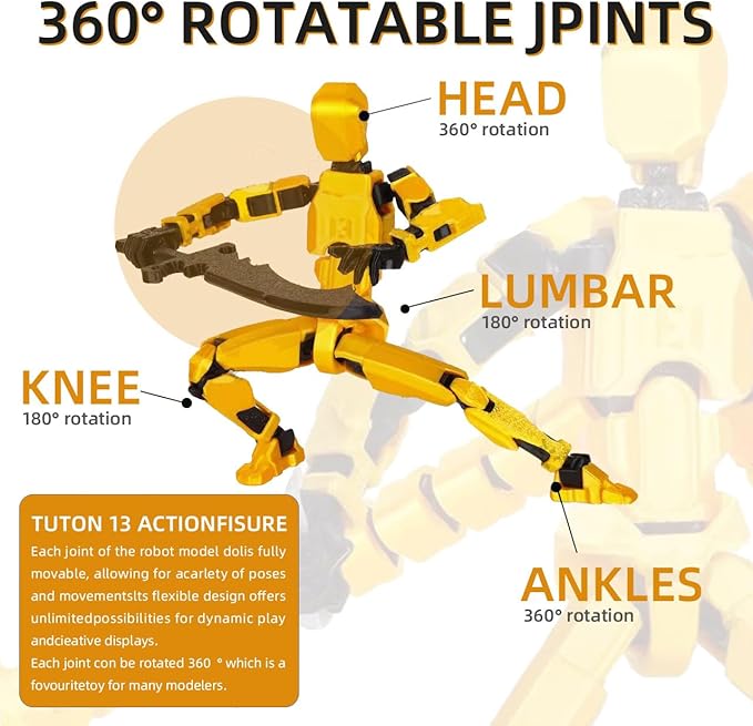 T13 Action Figure Assembly Completed, Upgraded 3D Printed T13 Action Figure, The Dummy 13 is Very Suitable for Office Desks and Birthday Cake Decorations (Yellow)