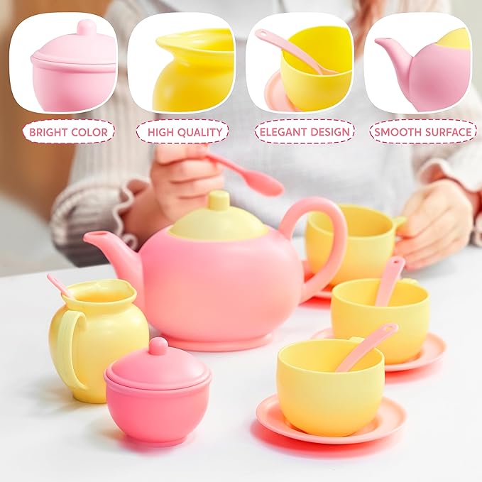 JOYIN 18PCS Pretend Role Play Tea Party Set, Pink Plastic Tea Set, Mini Kitchen for Kids, Gifts for Toddler Boys Girls, Gift for Christmas
